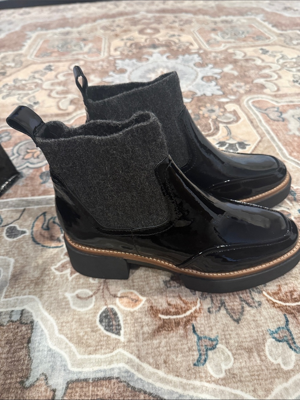Dolce Vita Black Patent Chelsea Booties with Gray Knit Collar